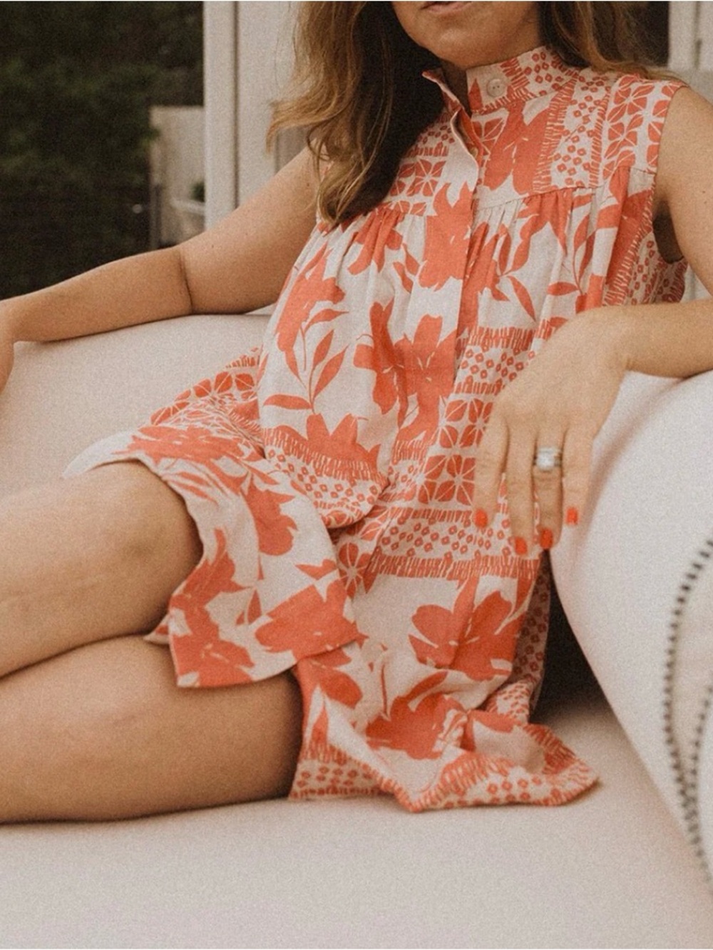 Golden Linen Blend Coral Pink Hawaiian Floral Shift Dress - Size Medium